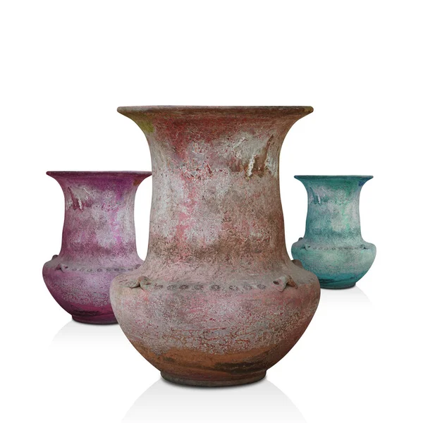 Front View Antique Three Large Red Green Pink Ceramic Vase — Stock Photo, Image