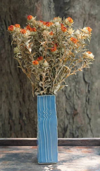 Vista Frontal Hermoso Ramo Flores Naranjas Secas Jarrón Cerámica Azul — Foto de Stock