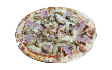 Sıcak jambon mantarı ve domuz pastırmalı pizza beyaz arka planda, yemek, Amerikan, fast food, taze, hayvan, domuz eti, kopyalama alanı