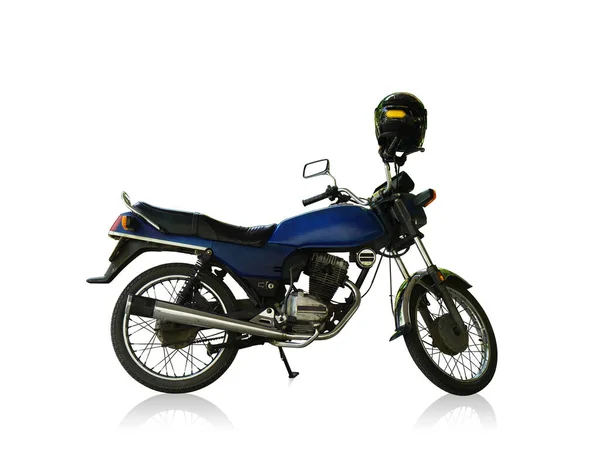 Vista Lateral Capacete Preto Motocicleta Velha Azul Preta Fundo Branco — Fotografia de Stock