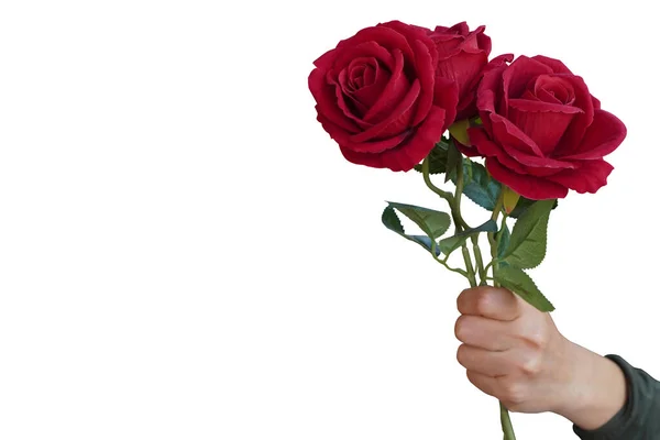 白い背景 バレンタイン ファッション ギフト コピースペースにバラの花束を保持する手 — ストック写真