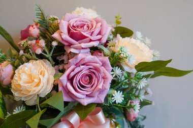 Ön manzara pembeleri ve sarı gül çiçekleri ve beyaz arkaplanda yeşil yaprak, doğa, şablon, dekor, kopyalama alanı                                    