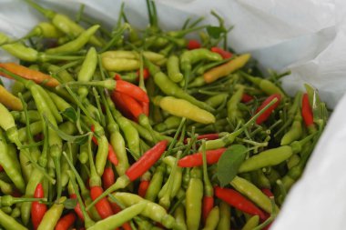 Üst manzara yeşil ve kırmızı biberler beyaz plastik torba arka plan, yiyecek, sebze, doğa               