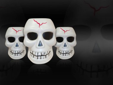 front view, three plastic skull stack on blur skull and black background, object, halloween, template, decor, copy space clipart