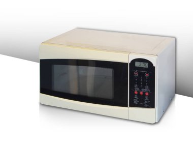 Üst görünüm beyaz zemin üzerinde eski beyaz ve siyah mikrodalga, beyaz duvar arkaplanı, teknoloji, nesne, feribot, elektrik; kopyalama alanı