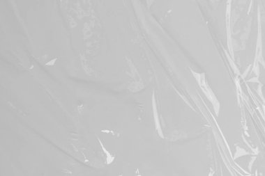 Beyaz plastik veya polietilen çanta dokusu, Şeffaf kırışık plastik, makro, beyaz arkaplan