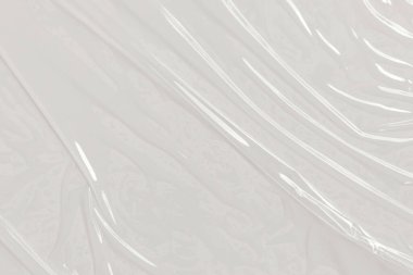 Beyaz arka planda plastik şeffaf selofan çanta. Beyaz plastik film ambalajlı arka plan. Beyaz Plastik Torba Dokusu