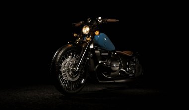 Almaty, Kazakistan - 15 Ağustos 2022 BMW WalzWerk R18 Gümrük Motoru Bobber Superbike koyu arka planda. 3d hazırlayıcı
