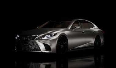 Almaty, Kazakhstan - January 2023: Lexus LS500 luxury japan car business sedan isolated on the dark background. 3d render.