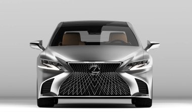 Almaty, Kazakhstan - January 2023: Lexus LS500 luxury japan car business sedan isolated on the dark background. 3d render.