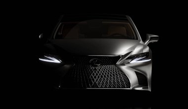 Almaty, Kazakhstan - January 2023: Lexus LS500 luxury japan car business sedan isolated on the dark background. 3d render.