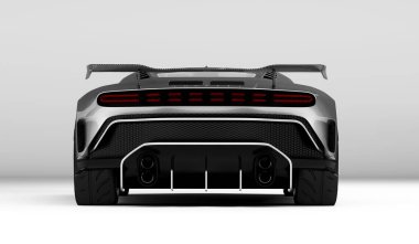 15 Şubat, Almaty, Kazakistan: 2024: Karanlık arka planda çarpıcı bir gümüş Bugatti Centodieci lüks süper araba. 3d hazırlayıcı