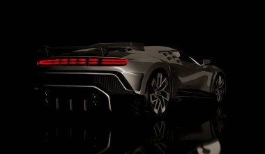 15 Şubat, Almaty, Kazakistan: 2024: Karanlık arka planda çarpıcı bir gümüş Bugatti Centodieci lüks süper araba. 3d hazırlayıcı