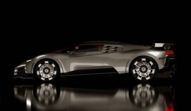 15 Şubat, Almaty, Kazakistan: 2024: Karanlık arka planda çarpıcı bir gümüş Bugatti Centodieci lüks süper araba. 3d hazırlayıcı