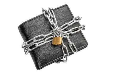 Wallet crossed by metal chain with padlock on white background. Protection money concept. Top view. clipart