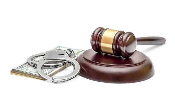 Judge Gavel Stack Money Handcuffs White Justice Concept — Stock Photo, Image