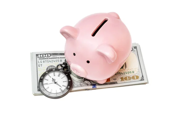 Piggy Bank Pocket Watch Stack Dollar Bills Isolated White — Stock Photo, Image