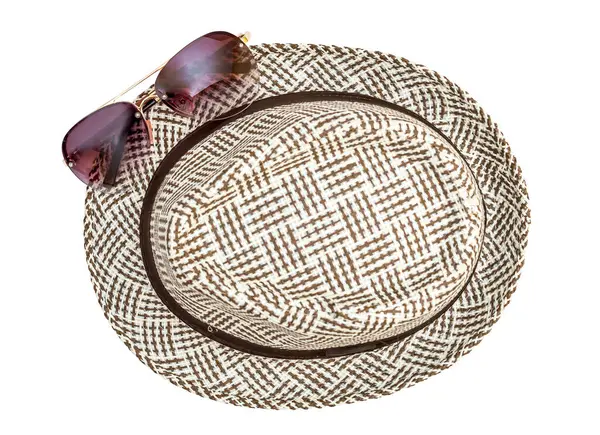 Sombrero Verano Con Gafas Sobre Fondo Blanco Vista Superior — Foto de Stock