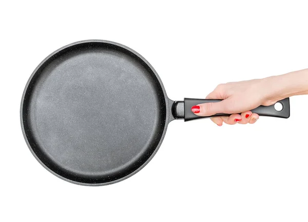 女性的手拿着煎锅 被白色隔离了顶部视图 — 图库照片