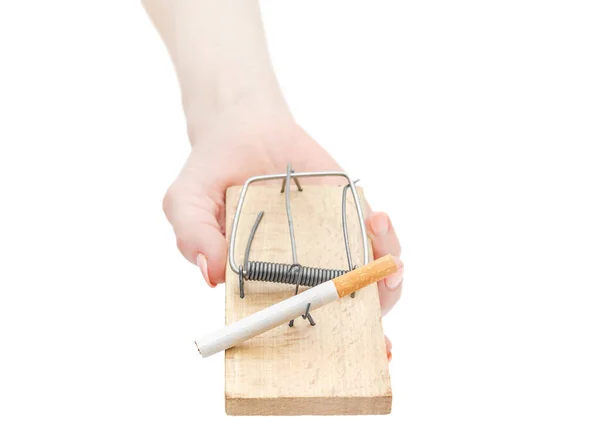 Woman Hand Holding Mousetrap Cigarette White Background — Stock Photo, Image