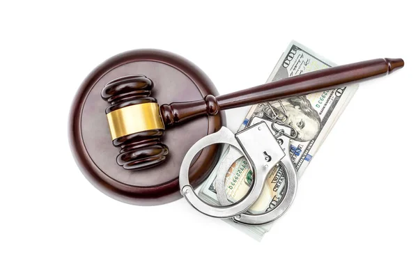 Judge Gavel Stack Money Handcuffs White Justice Concept Top View — Stock Photo, Image
