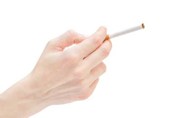 Mano Una Mujer Sosteniendo Cigarrillo Aislado Sobre Blanco — Foto de Stock