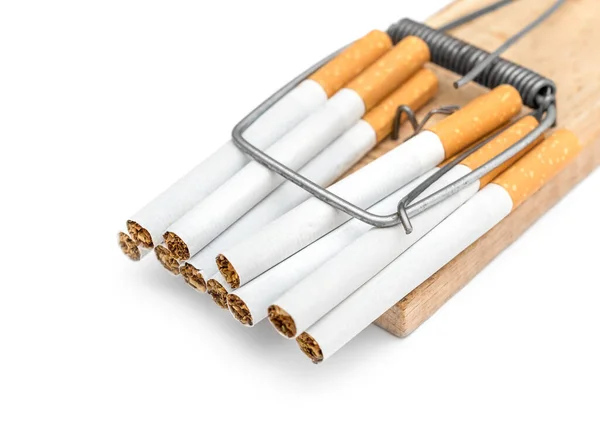 Piège Souris Fermé Avec Cigarettes Sur Blanc — Photo