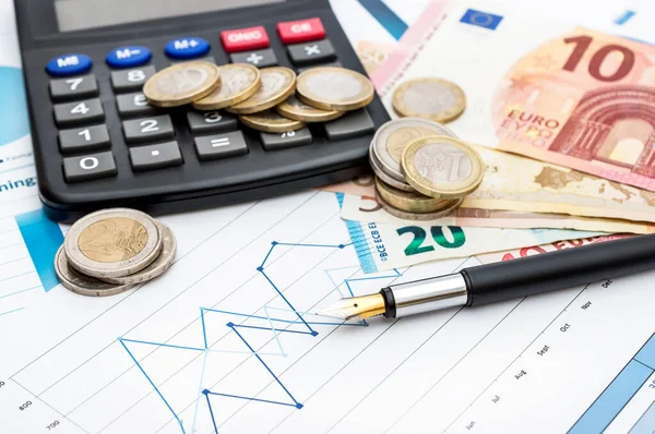 Euro Bills Coins Calculator Pen Business Graphs Financial Background — Stock Photo, Image