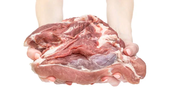 Kvinnans Händer Håller Rått Kött Isolerad Vitt — Stockfoto