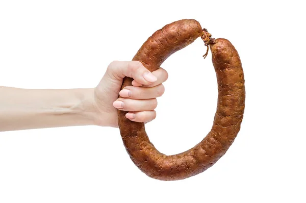 Female Hand Holding Smoked Sausage Isolated White — Stock Photo, Image