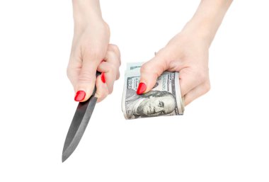 Kadın eli bıçak ve para tutuyor. Beyazda izole edilmiş.