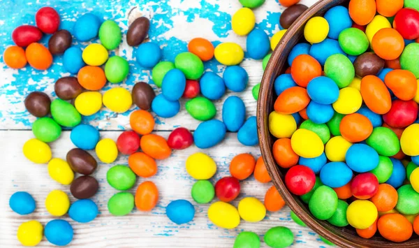 Bowl Bright Colorful Candies Old Blue Table Top View — Stock Photo, Image