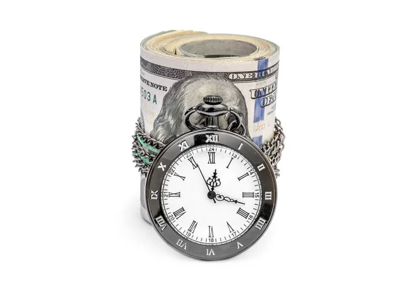 Contas Dólar Enroladas Com Relógio Bolso Branco — Fotografia de Stock