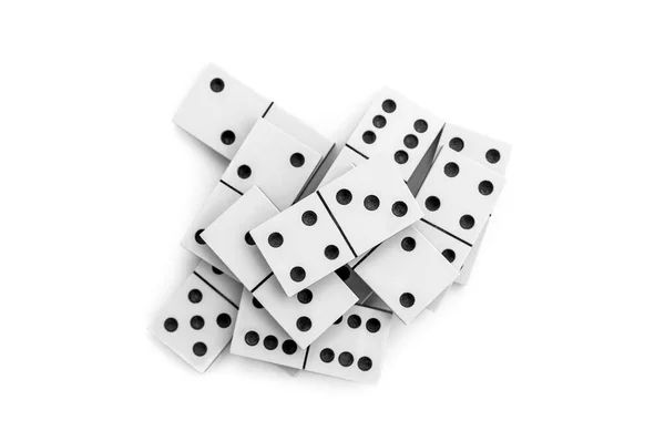 Heap Van Domino Stukken Witte Achtergrond Bovenaanzicht — Stockfoto