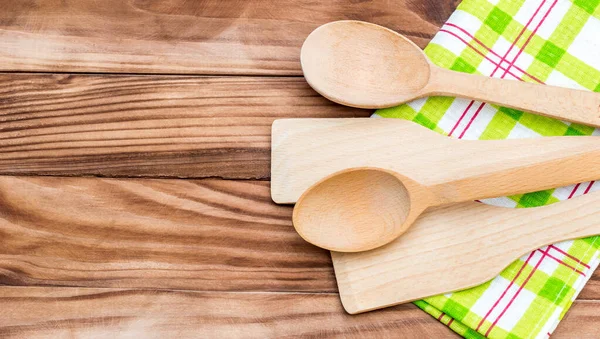 Wooden Spoons Wooden Spade Kitchen Towel Table Top View Copy — Stock Photo, Image