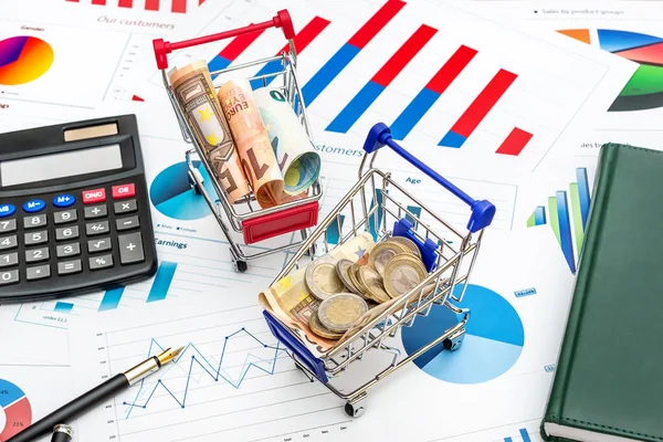 Shopping carts with money, calculator and notepad on the financial graphs. Business concept.