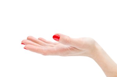 Kırmızı manikürlü bir kadının eli bir şey tutuyor. Beyazda izole edilmiş.