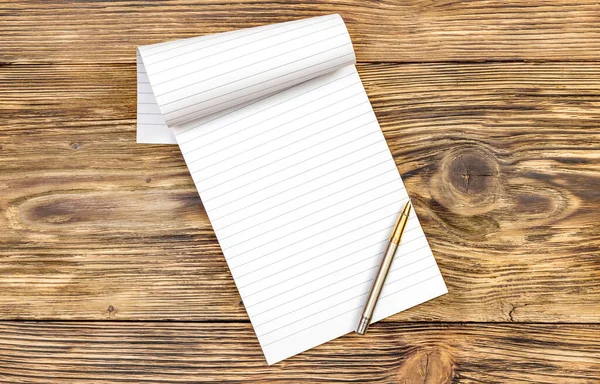 Blank Notepad Pen Wooden Background Top View — Stock Photo, Image