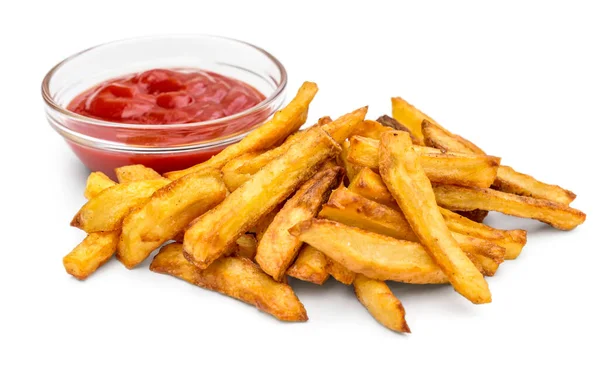 Haufen Gebratener Kartoffeln Mit Ketchup Auf Weißem Hintergrund — Stockfoto