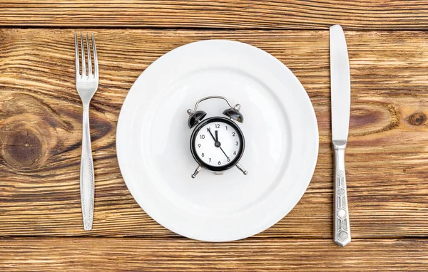 Alarm Clock Fork Knife Plate Table Top View Time Eat — Stock Photo, Image