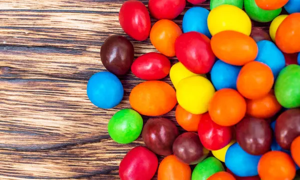 Colorful Candies Wooden Background Top View — Stock Photo, Image