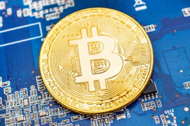 Golden coins of bitcoin on the video card. Close up. Crypto mining concept. clipart