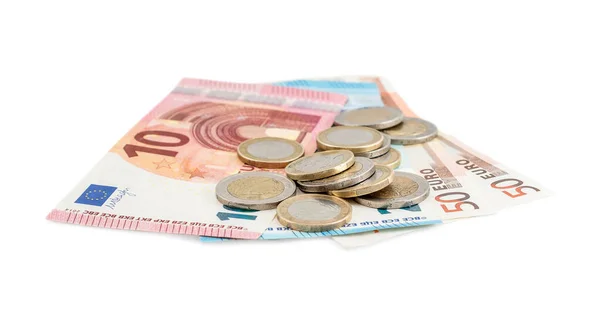 Avro paraları ve beyaz arka planda Avro banknotları. İş konsepti.