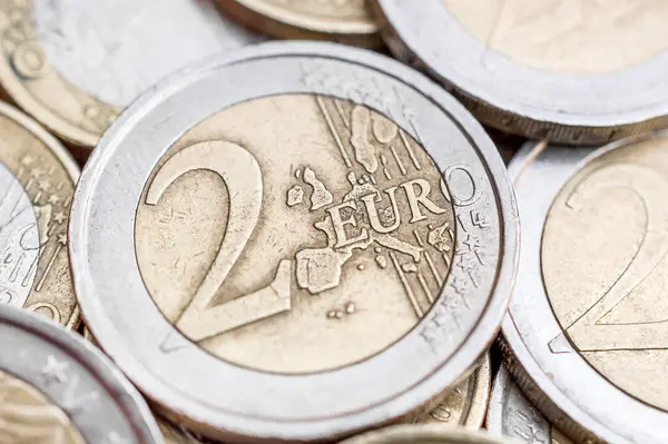 Primer Plano Moneda Euros Montón Monedas Antecedentes Empresariales Financieros — Foto de Stock