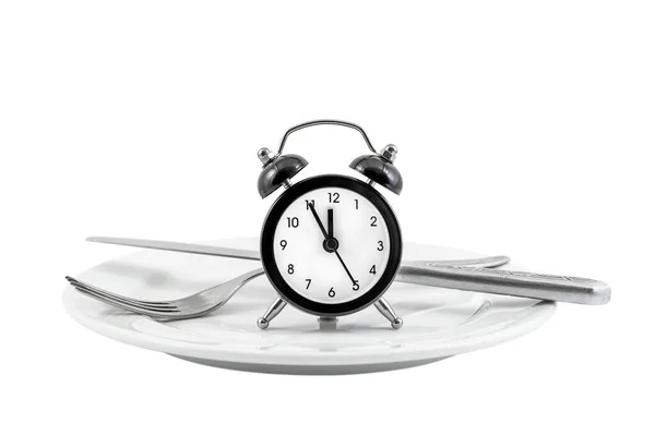 Relógio Despertador Com Garfo Faca Prato Isolado Branco Hora Comer — Fotografia de Stock