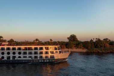 Side view of nilo cruise ship sailing throught the river in golden hour at sunset with beautiful light and vegetation behind