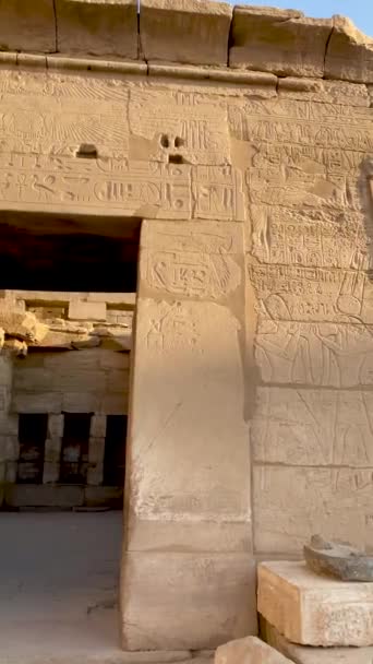 Vista Verticale Della Secuenza Colonne Con Geroglifici Egiziani Raggi Solari — Video Stock