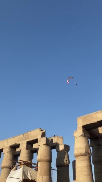 Вертикальный Вид Полета Параплане Над Египетским Храмом Голубым Небом Птиц — стоковое видео
