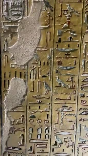 Super Closeup View Egypting Hyerogliphics Color Egypt Temple Tombs Lighting — Vídeo de stock