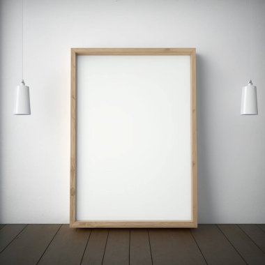 Çizgili zemine asılı lambaların yanındaki beyaz duvara yaslanmış, dikey boş ahşap çerçeveli ev içi poster modeli.